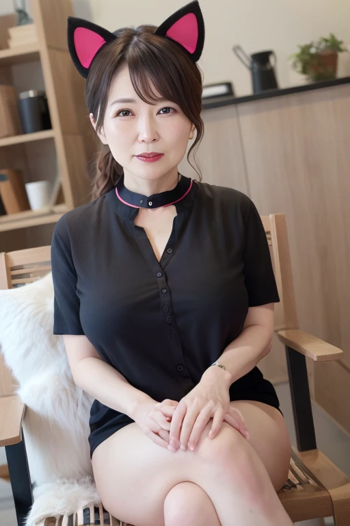 8k, 55 year old mature Japanese woman, Beautiful wife, Sensual, Long eyelashes, Chubby body type, open chest shirt, Cleavage, Panties, whole body, ((Cat ear)), Low Ponytail, collar, Red lipstick, Charismatic, Sit on a chair, Crossing your legs