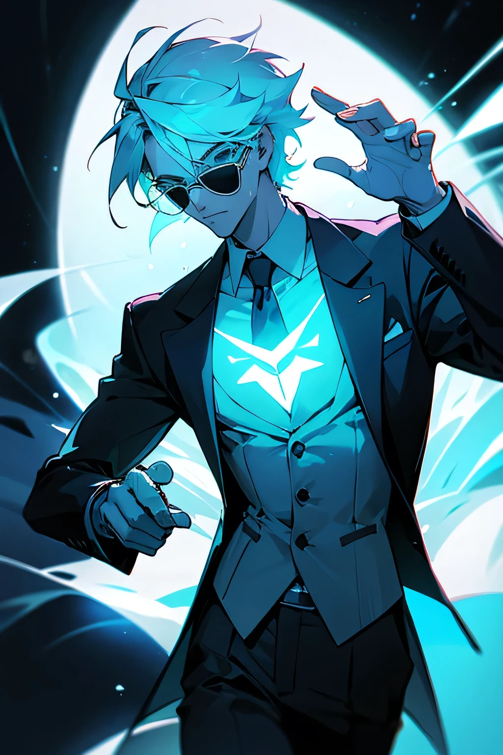 A man with his hand on his glowing glasses、suit