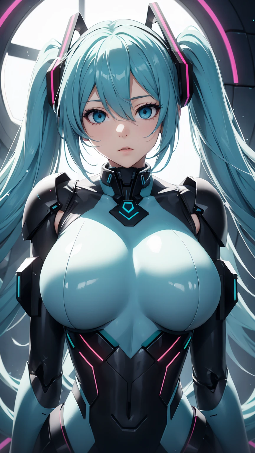 Hatsune Miku Vocaloid, Twin Tails, Light Blue Eyes, Light Blue Hair, black body suit, (mecha girl), Cyber punk, Ultimate Physical Beauty, Beautiful Eyes, big breasts, embarrassed look , Bigchest, 8K CG, Top Quality, Best Image Quality,