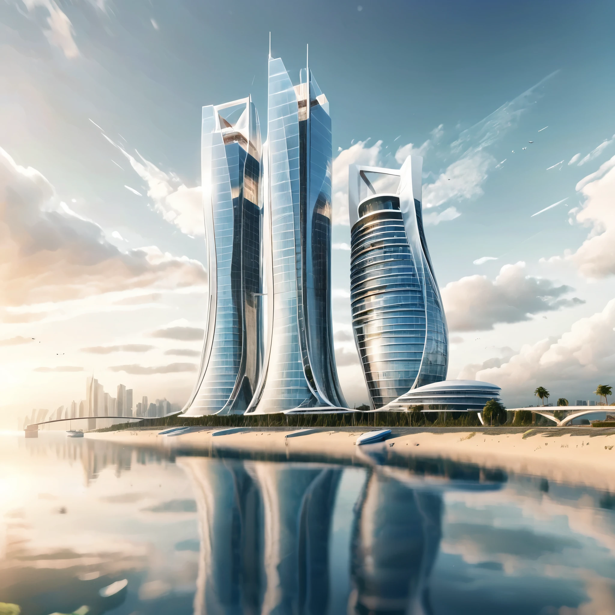 Create a detailed image of a futuristic twin tower skyscraper with a unique twisted design. The building is made of reflective glass panels and appears to intertwine as it rises. It is set on a waterfront with a vast, shimmering ocean in the background. The sky is clear with a soft gradient from blue to white near the horizon. Surrounding the building are modern structures, greenery, and a road with modern high end sports cars. The overall setting is modern and serene, reflecting a high-tech urban environment. The ocean has a beautiful futuristic port with magnificent ships.