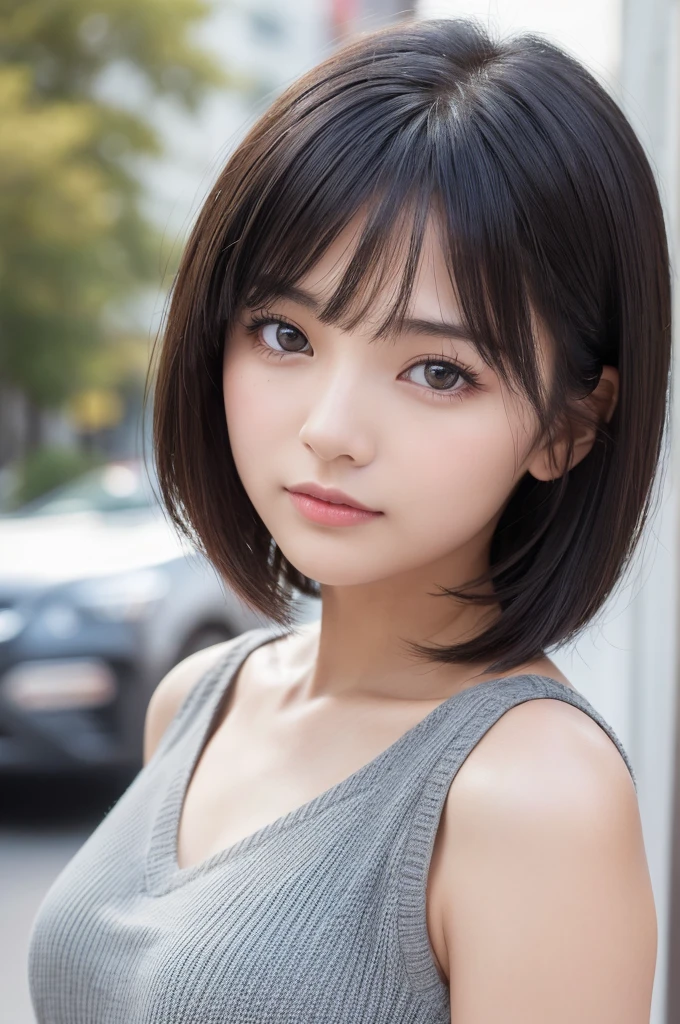 (High resolution:1.3), (16k, Photorealistic, Raw photo, Best image quality: 1.4), Japanese, (One Girl), Beautiful Face, (A vivid face), (Black-haired、short hair:1.3、bangs:1.2), Beautiful Hairstyles, Realistic eyes, Beautifully detailed eyes, (Realistic Skin), Beautiful skins, attractive, 超A high resolution, Surreal, High detail, Golden Ratio, Highly detailed cute girl,(20-year-old), She is wearing a tight and short gray knit dress with a V-neck design