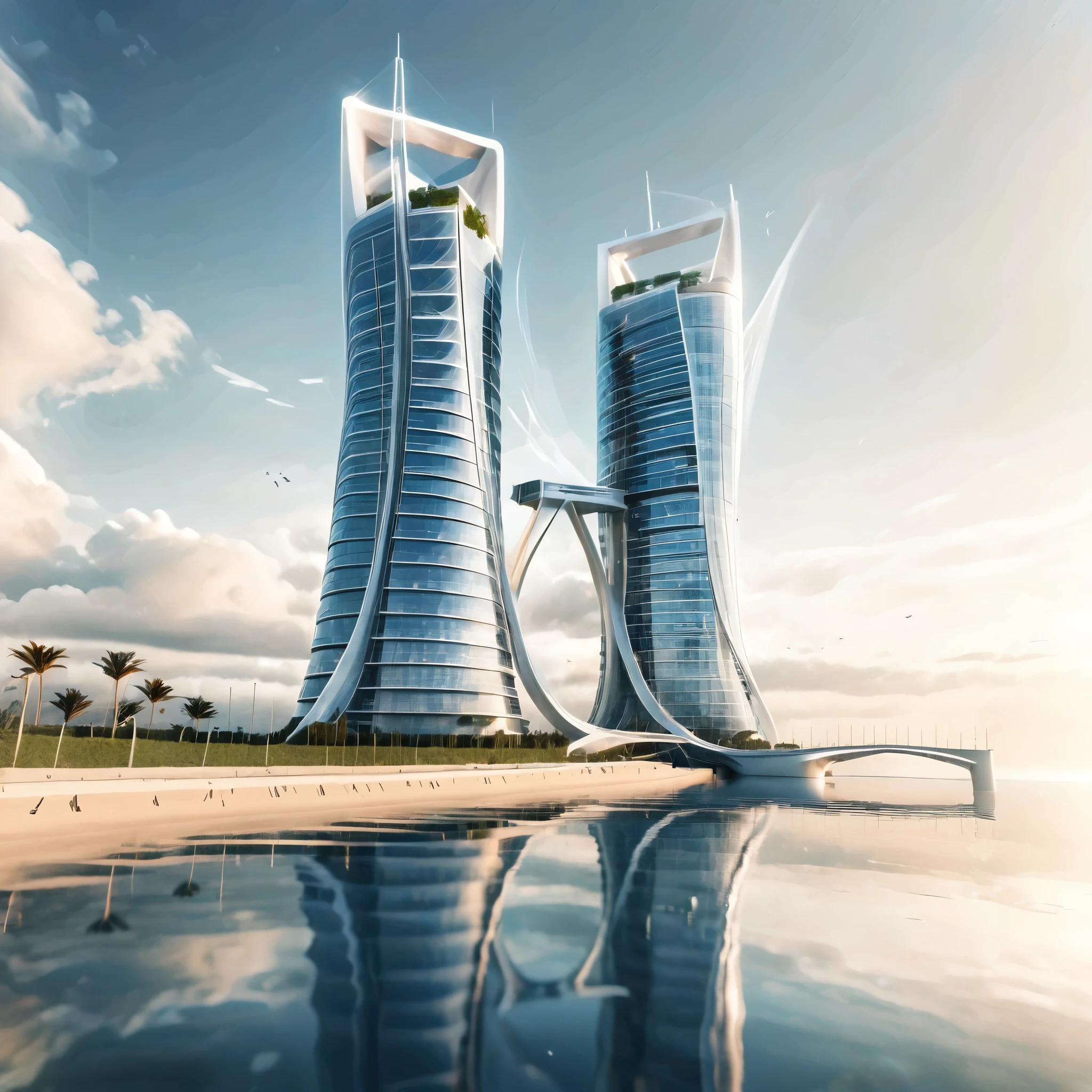 Create a detailed image of a futuristic twin tower skyscraper with a unique twisted design. The building is made of reflective glass panels and appears to intertwine as it rises. It is set on a waterfront with a vast, shimmering ocean in the background. The sky is clear with a soft gradient from blue to white near the horizon. Surrounding the building are modern structures, greenery, and a road with modern high end sports cars. The overall setting is modern and serene, reflecting a high-tech urban environment. The ocean has a beautiful futuristic port with magnificent ships.