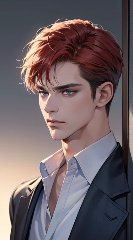 (best quality, masterpiece, 8K, photorealistic, cinematic lighting, 1:4 hdr image, ultra detailed, beautiful image), a mature man, 34 years very handsome, ((cold expression)), short red hair, blue eyes, face perfect without mistakes, ((buttoning his jacket, CEO))