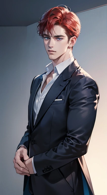 (best quality, masterpiece, 8K, photorealistic, cinematic lighting, 1:4 hdr image, ultra detailed, beautiful image), a mature man, 34 years very handsome, ((cold expression)), short red hair, blue eyes, face perfect without mistakes, ((buttoning his jacket, CEO))