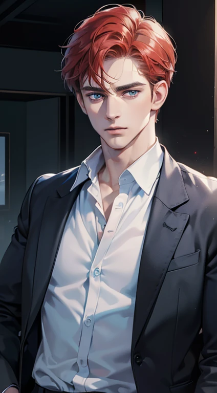 (best quality, masterpiece, 8K, photorealistic, cinematic lighting, 1:4 hdr image, ultra detailed, beautiful image), a mature man, 34 years very handsome, ((cold expression)), short red hair, blue eyes, face perfect without mistakes, ((buttoning his jacket, CEO))