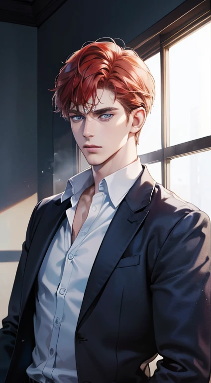 (best quality, masterpiece, 8K, photorealistic, cinematic lighting, 1:4 hdr image, ultra detailed, beautiful image), a mature man, 34 years very handsome, ((cold expression)), short red hair, blue eyes, face perfect without mistakes, ((buttoning his jacket, CEO))