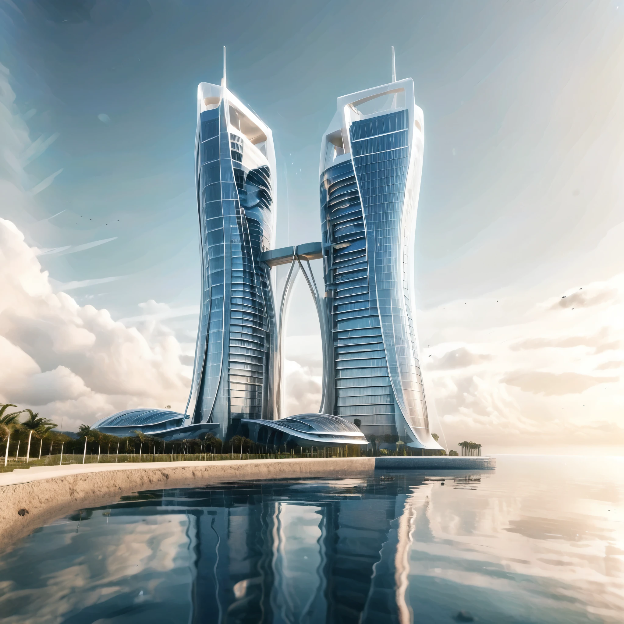 Create a detailed image of a futuristic twin tower skyscraper with a unique twisted design. The building is made of reflective glass panels and appears to intertwine as it rises. It is set on a waterfront with a vast, shimmering ocean in the background. The sky is clear with a soft gradient from blue to white near the horizon. Surrounding the building are modern structures, greenery, and a road with modern high end sports cars. The overall setting is modern and serene, reflecting a high-tech urban environment. The ocean has a beautiful futuristic port with magnificent ships.