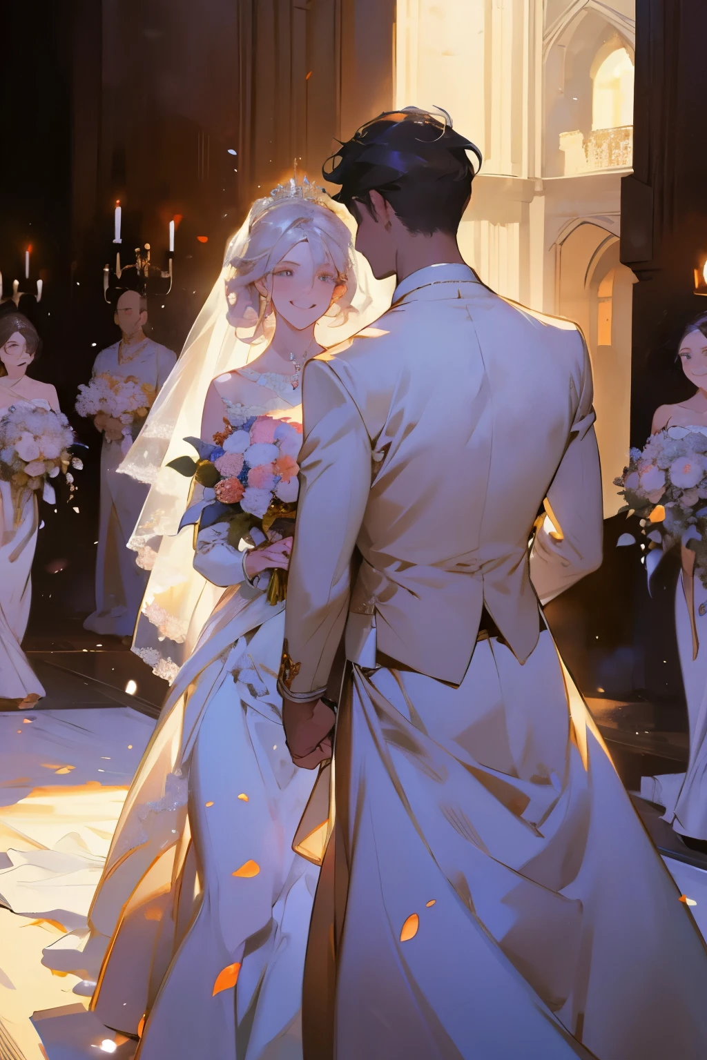 Wedding scene，The bride in a white wedding dress is walking towards me with a bouquet of flowers，Smiling slightly，First look,The groom waited for her with his back to her