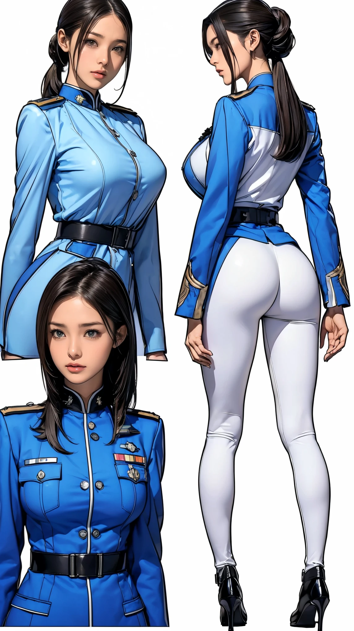 ((masterpiece)),(((highest quality))),((Reference Sheet, Character Design, front, return, ~ ~ side, Mr..々Hairstyle, Mr..々Performance, Facial Expressions)), 14-year-old girl, Cute type, (Very slim:1.4), (Very small ass:1.4), Realistic buttocks, (Big Breasts:1.3), Short Bob, Thin thighs, Long legs, It's not a big deal,(A female Earth Federation officer is walking), (Wearing Earth Federation military uniform, White and blue military uniform),(Worn by federal government employees&#39;White Hat:1.5)