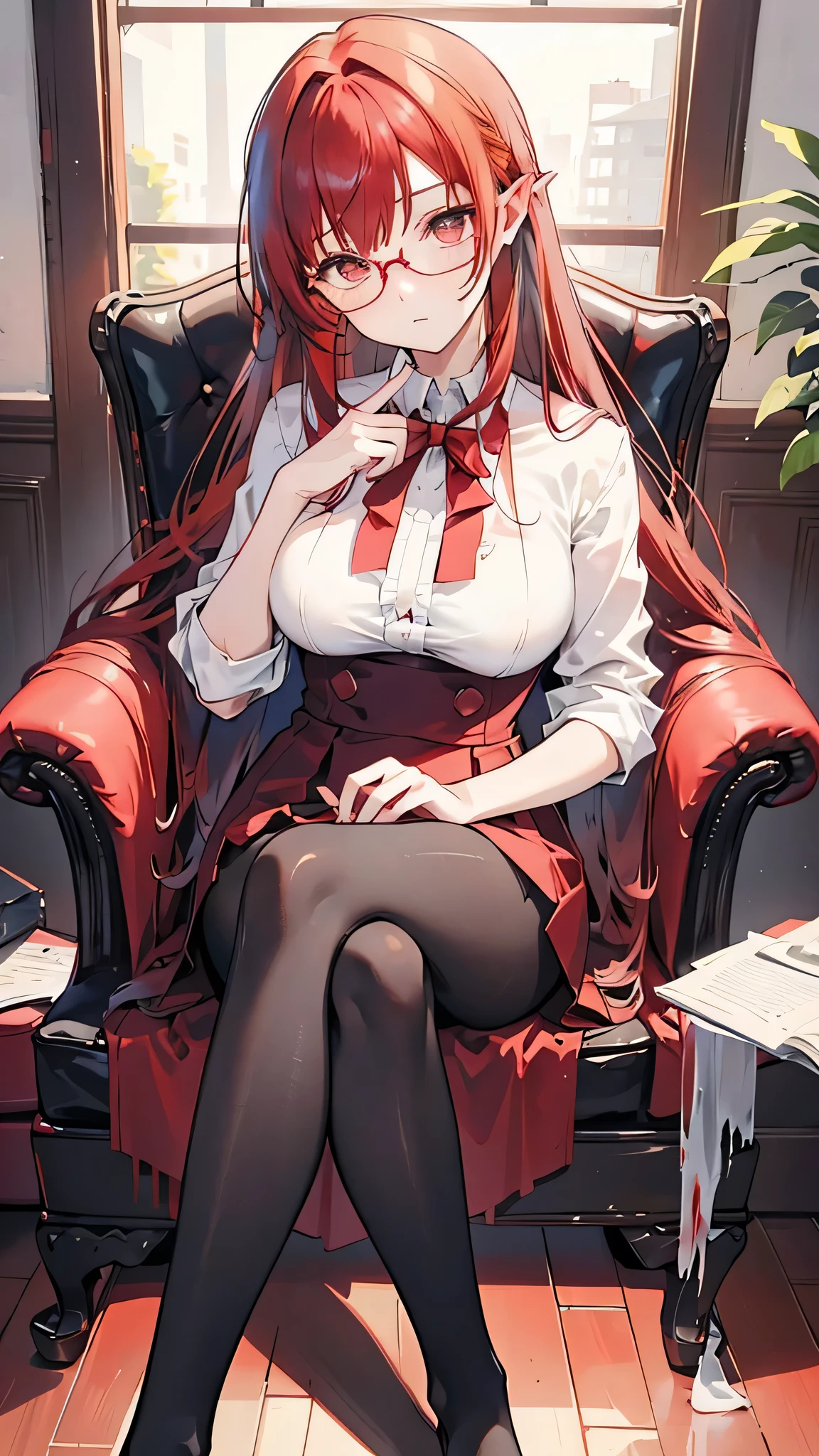 Beautiful feet、Black Pantyhose、cool、Girly、Square Frame Glasses、Beautiful breasts、((((Gross Red Hair))))、Slightly curled long、Chic outfit、Sitting with legs crossed