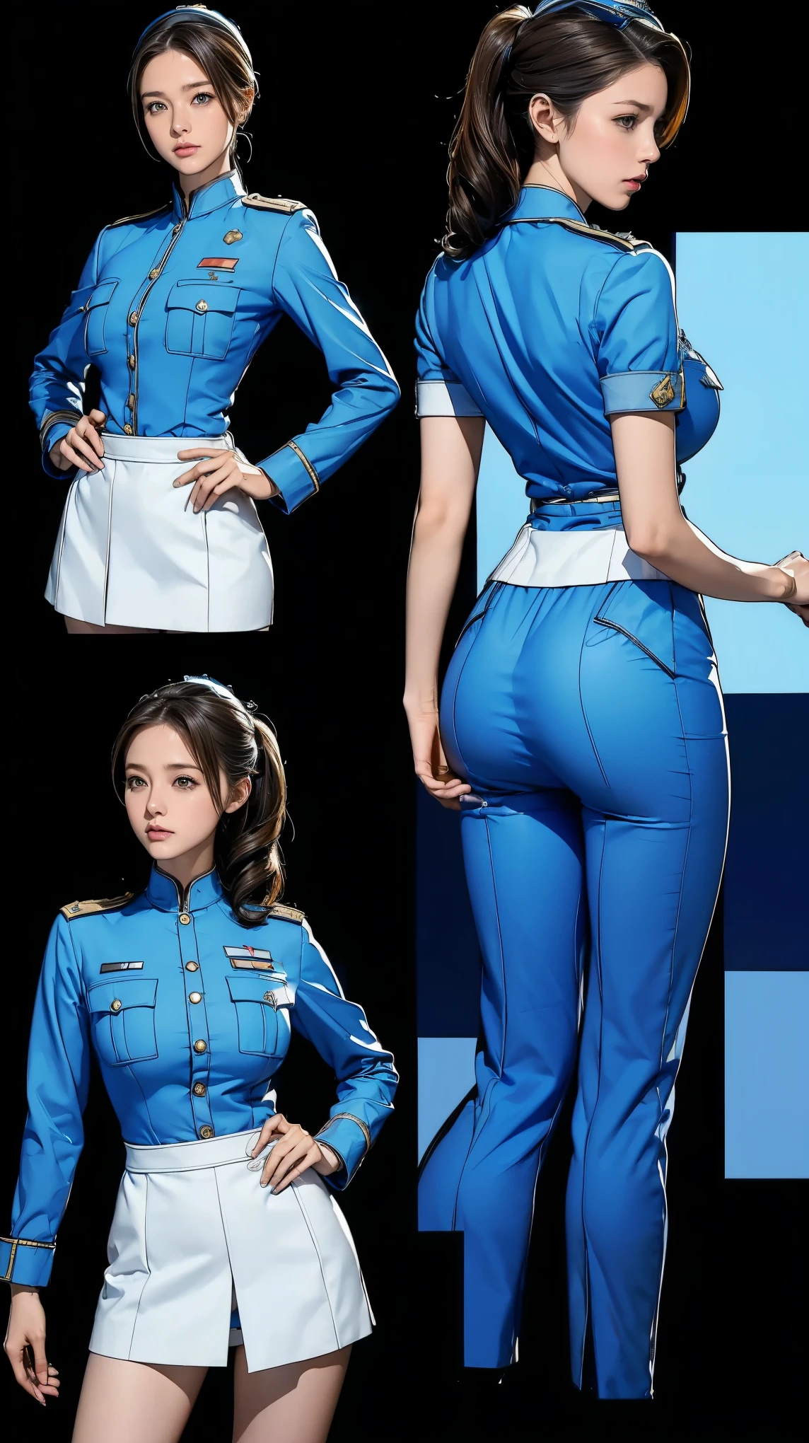 ((masterpiece)),(((highest quality))),((Reference Sheet, Character Design, front, return, ~ ~ side, Mr..々Hairstyle, Mr..々Performance, Facial Expressions)), 14-year-old girl, Cute type, (Very slim:1.4), (Very small ass:1.4), Realistic buttocks, (Huge breasts:1.4), Short Bob, Thin thighs, Long legs, It's not a big deal,(A female Earth Federation officer is walking), (Wearing Earth Federation military uniform, White and blue military uniform),(Worn by federal government employees'White Hat:1.5)