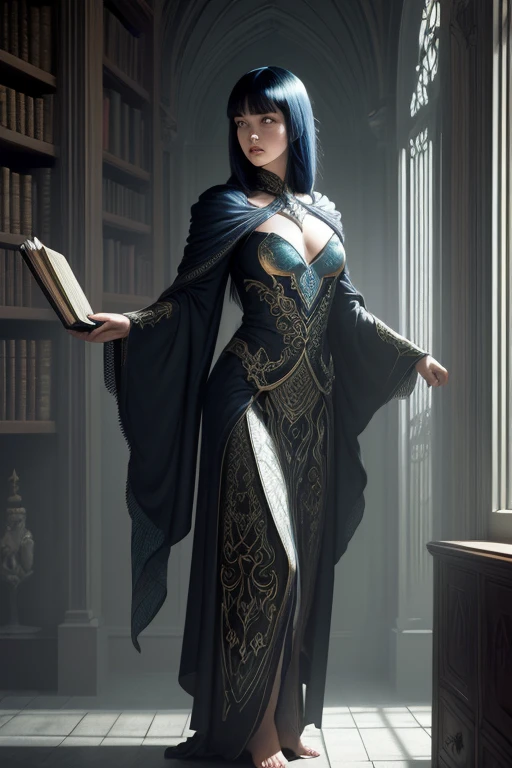 . Illustration in the style Supernatural, (masterpiece:1.3), (perfect art:1.3), by Boris Vallejo, portrait of a desirable thirty-something woman merfolk, mage, amazing anatomy, full body, elegant neck, with gray eyes, tapered cut with bangs hair, her dressed in the necromancer robe, unassuming pose, pan angle picture taken by Canon EF 50mm f/1.4 USM, in the background spectral library hidden within a labyrinth of shifting corridors, its shelves lined with tomes bound in the skin of mythical beasts and filled with the knowledge of ages past, broad lighting, style by Raul Allen, meticulous execution of details, line art render, featured on Society6