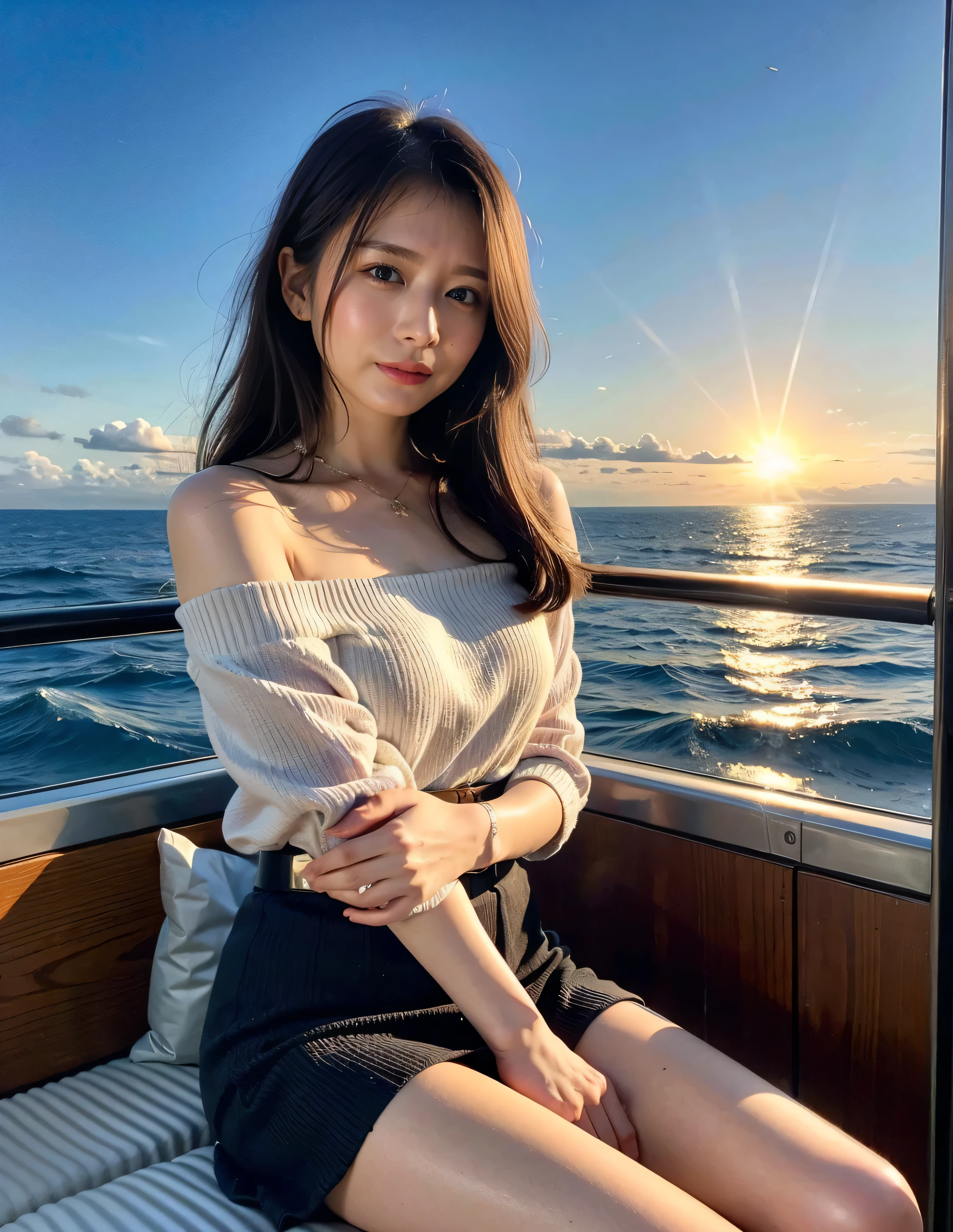 (Summer knitwear、Off the shoulder、Summer Sweaters:1.1) ,smile、The Titanic、Brown-beige hair、Woman standing on a boat、Light brown hair、Elegant hairstyle、Blue Eyed Woman、A woman with a cute upward gaze、When the sky gets dark、The gentle light of the ship shines、When the sun goes down the sky turns red、Tight clothing that shows your body lines、、A nice blouse or collared shirt、The first button of her blouse is lewdly open、Genuine Leather Belt、革のShort skirt、Dress elegantly着こなす、Luxury Bags、、（（Medium Short Hair:1.4））、Skyscrapers seen across the sea、Manhattan 私sland is visible offshore、Woman on a sightseeing boat、、The sun shines on her、Light brown hair、Light brown hair、The sky was dyed red、There are clouds、private's cute、An elegantly dressed woman is sitting on a boat and watching the sunset、Her ample breasts are obvious even through her clothes..、The shining sun is so beautiful、Dusk is approaching、Lens flare、You can see the sunset、（（Sunlight reflecting off the ocean、Ocean View、The sun shines on the ocean、&#39;beautiful.、Small earrings、private&#39;evening、Birds are also flying、、Brown Hair Color、Tying up hair、The woman is on the right:1.4））、Luxury Leather Belts、Shiny clothes、Light beige hair color、Background Blur、Braid only the front hair、Light brown hair、｛｛Cowgirl Shot｝｝、（（Close-up shot from the waist up、Ample breasts:1.4））、Smile、Silk clothing、Ample breasts that can be seen even through clothes、Braid only the front hair、Cowboy Shot、Gorgeous white collared silk shirt and brown skirt、Dress elegantly、Luxury Bags、A lovely smile、（（Ample breasts））、Full body photo、ring、Short skirt、Tuck your hair behind one ear、Silver Necklace、smile、 Elegant ponytail、Caustics、Highly detailed photos、Very beautiful and ideal short hair、Super no makeup、(8k、RAW Photos、highest quality、masterpiece:1.2)、(Realistic、Realistic)、1 girl、((Medium Short Hair、Looking into the camera:1.4))、Hair blowing in the wind

