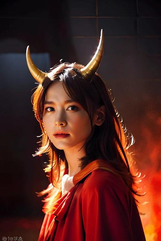 "Horned Lilith surrounded by fiery red light, In the dimly lit church、Surrounded by crackling lightning and swirling mist, Exudes an aura of darkness and mystery."