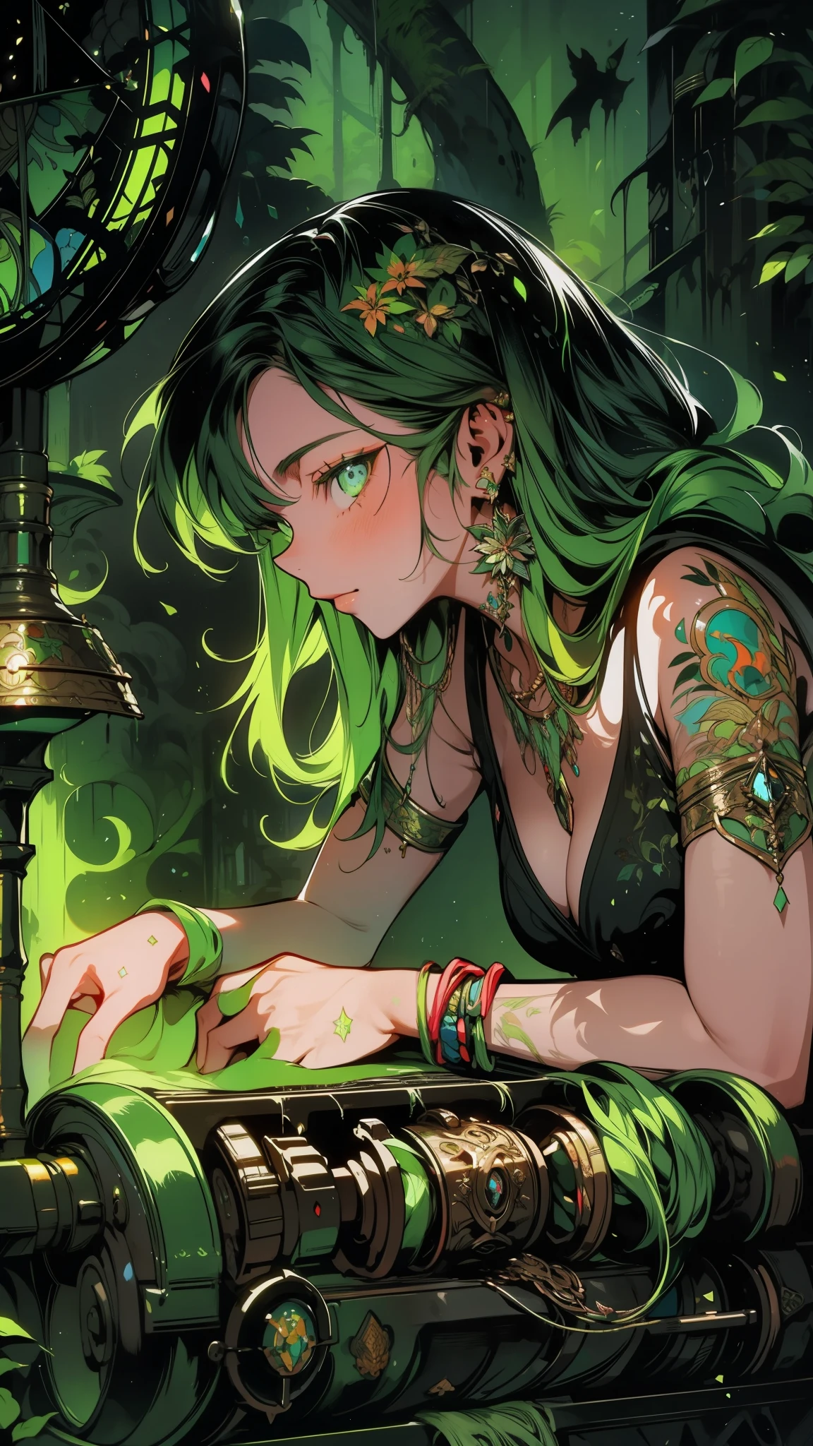 A young South Asian woman with vibrant green hair, tinkering with a fantastical machine amidst a lush rainforest canopy. Aetherpunk vines and gears weave around the machine, glowing with an ethereal light. Golden filigree accents the machine, and pagan symbols are etched into its metallic surface. tered around the machine are sparkling gems and crystals, pulsing with magical energy, fantasy world, dark background, clean design, epic, artstation, colorful paint splatter, silhouette, hyper detailed intricate details, unreal engine, fantasy, splash screen, complementary colors, deviantart masterpiece, oil painting, heavy strokes, paint dripping, indifferent expression