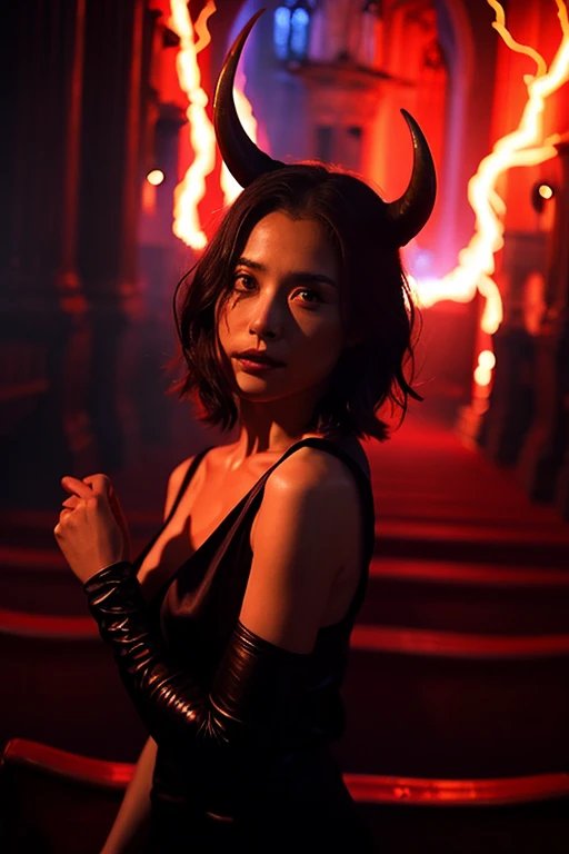 "Horned Lilith surrounded by fiery red light, In the dimly lit church、Surrounded by crackling lightning and swirling mist, Exudes an aura of darkness and mystery."