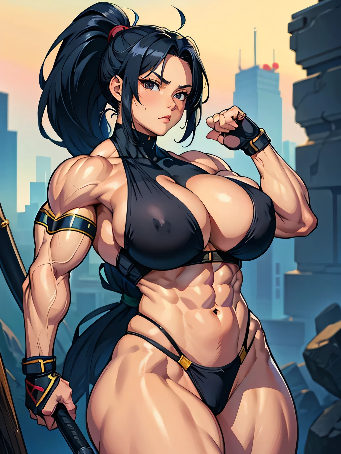 (1woman), masterpiece, best quality, extremely detailed, muscular, muscular female, thick upper arms, biceps, abs, obliques, thick thighs, thigh muscle, (((huge breasts))), ninja, kunoichi, ponytail, black hair, black eyes