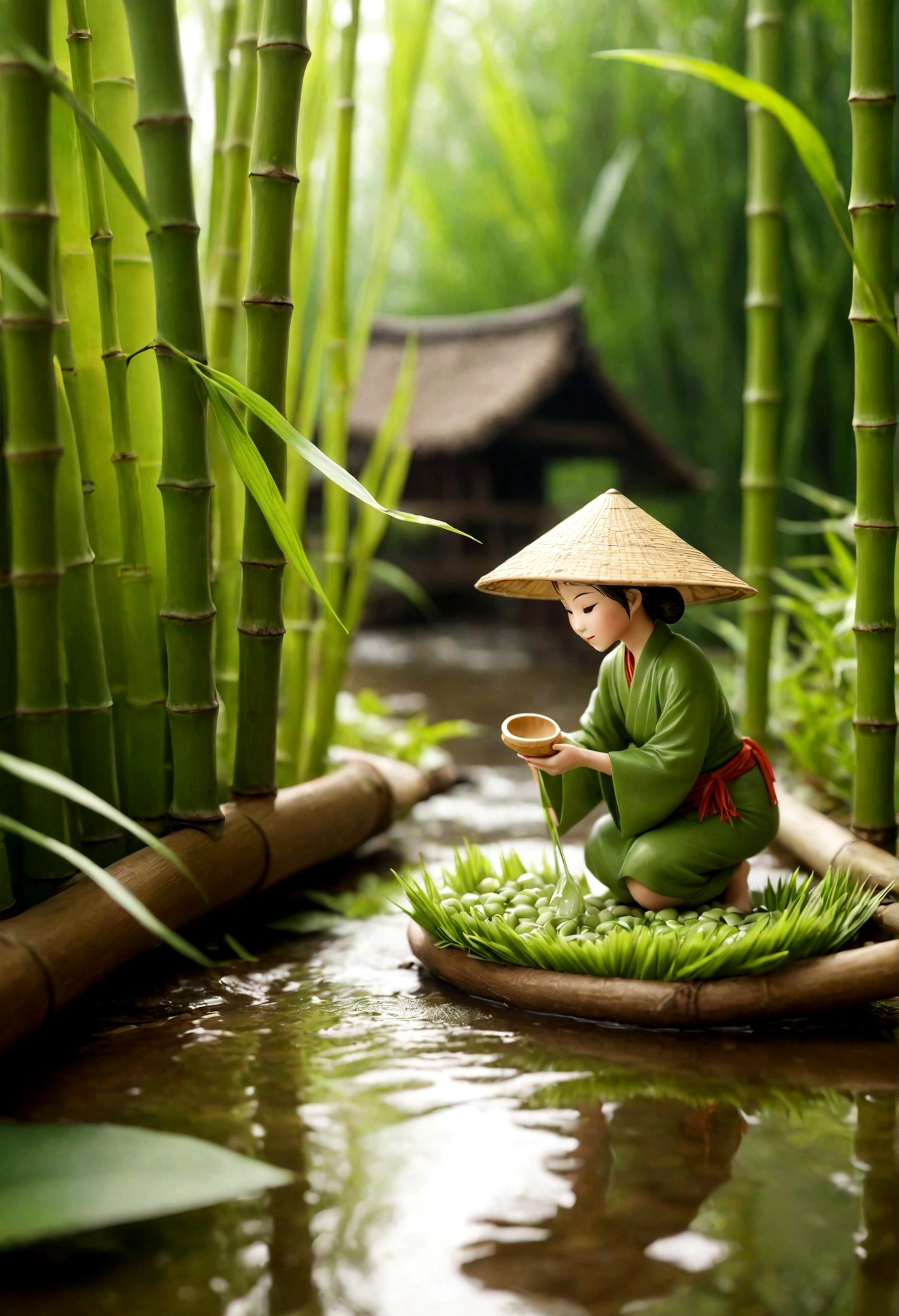 A miniature scene,A surreal miniature world created by glutinous rice dumplings and bamboo leaves，Large aperture lens，Tilt-Shift Photography，Woman wearing a bamboo hat，Washing sticky rice by the stream，Man picking bamboo leaves，Soft natural light，Fine texture，color，Tranquil atmosphere，Handcraft details。