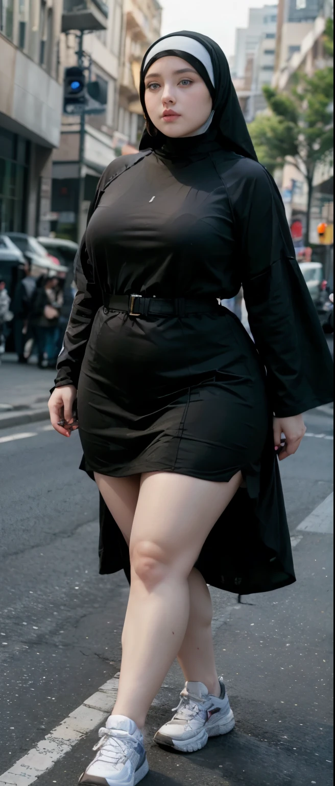 Milky white skin woman in black dress and hijab walking down the street, , hijab outfit, , hijab fashion model, plus size, plus size woman, , woman in black robes, beautiful woman, thicc, black outfit,, bbwchan , white sneakers , Height 170 cm, beautiful woman, with a beautiful appearance, a very beautiful masterpiece, a masterpiece of art, good lighting, Bright colors, Clean lines
