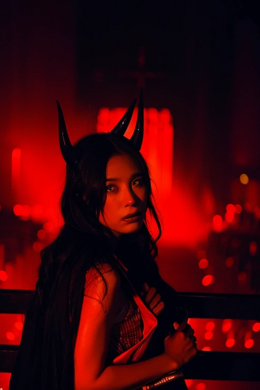 "Horned Lilith surrounded by fiery red light, In the dimly lit church、Surrounded by crackling lightning and swirling mist, Exudes an aura of darkness and mystery."
