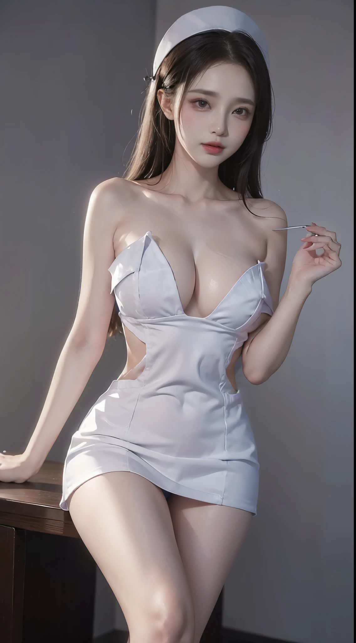 nurse_uniform,  ((cowboy shot)), ((Bare shoulder)), ((Short hemlines, sexy long legs)), ((Elegant and charming posture, random view shots)), realistic detailed photo of a giant breasted girl with exposed shoulders, detailed fingers, high quality skin, red eyes, alone in a winter scene with clouds, wind, and flowing hair, (best quality,4k,8k,highres,masterpiece:1.2),ultra-detailed,(realistic,photorealistic,photo-realistic:1.37),studio lighting,vivid colors