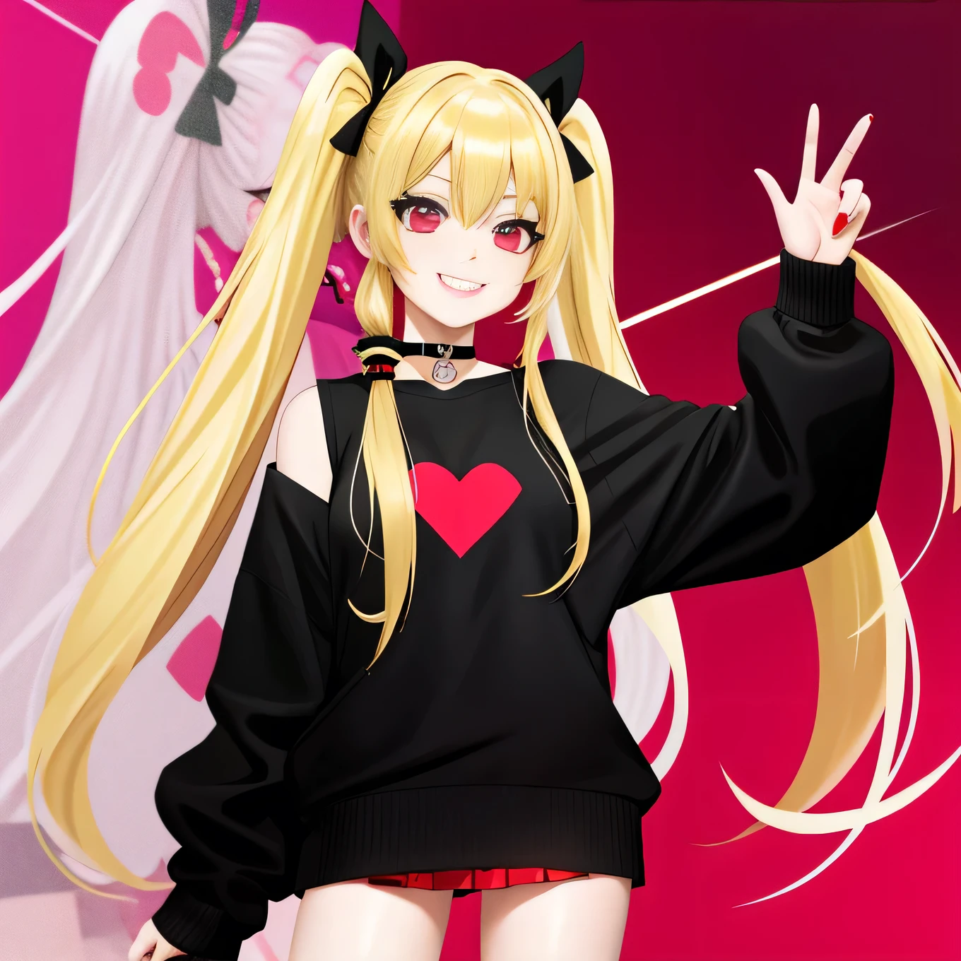 full body Esbian, masutepiece: 1.2, Highest Quality), (Live-action, elaborate details), (1 Lady, Solo, Upper body,) Clothing: Edgy, Black long jumper, red miniskirt, long hair with blonde twin tails,,,,,,,、Avant-garde, Experimental appearance: Long blonde twin tail hair 、Red eyes、Heart-shaped choker、The location: karaoke、Solo, Nice smile、Value Creation in Mixed Media Art: individuality, authenticity, Creative expression