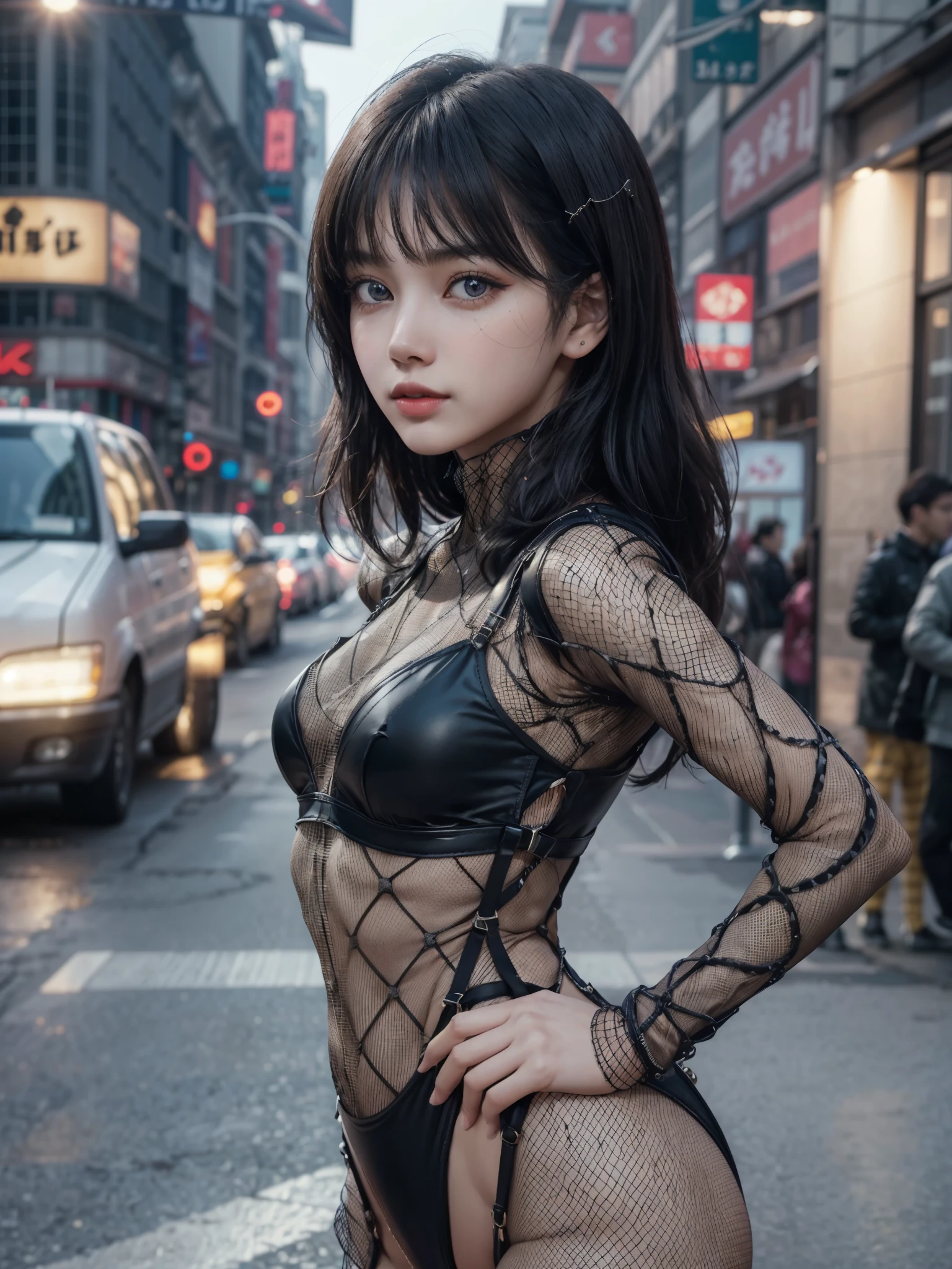 1girl, from side, detailed face, (looking at viewer:1.2), (fishnet bodysuit:1.2), detailed eyes, detailed hair, bokeh, vogue style photo shoot, hyper realistic, 8k wallpaper,