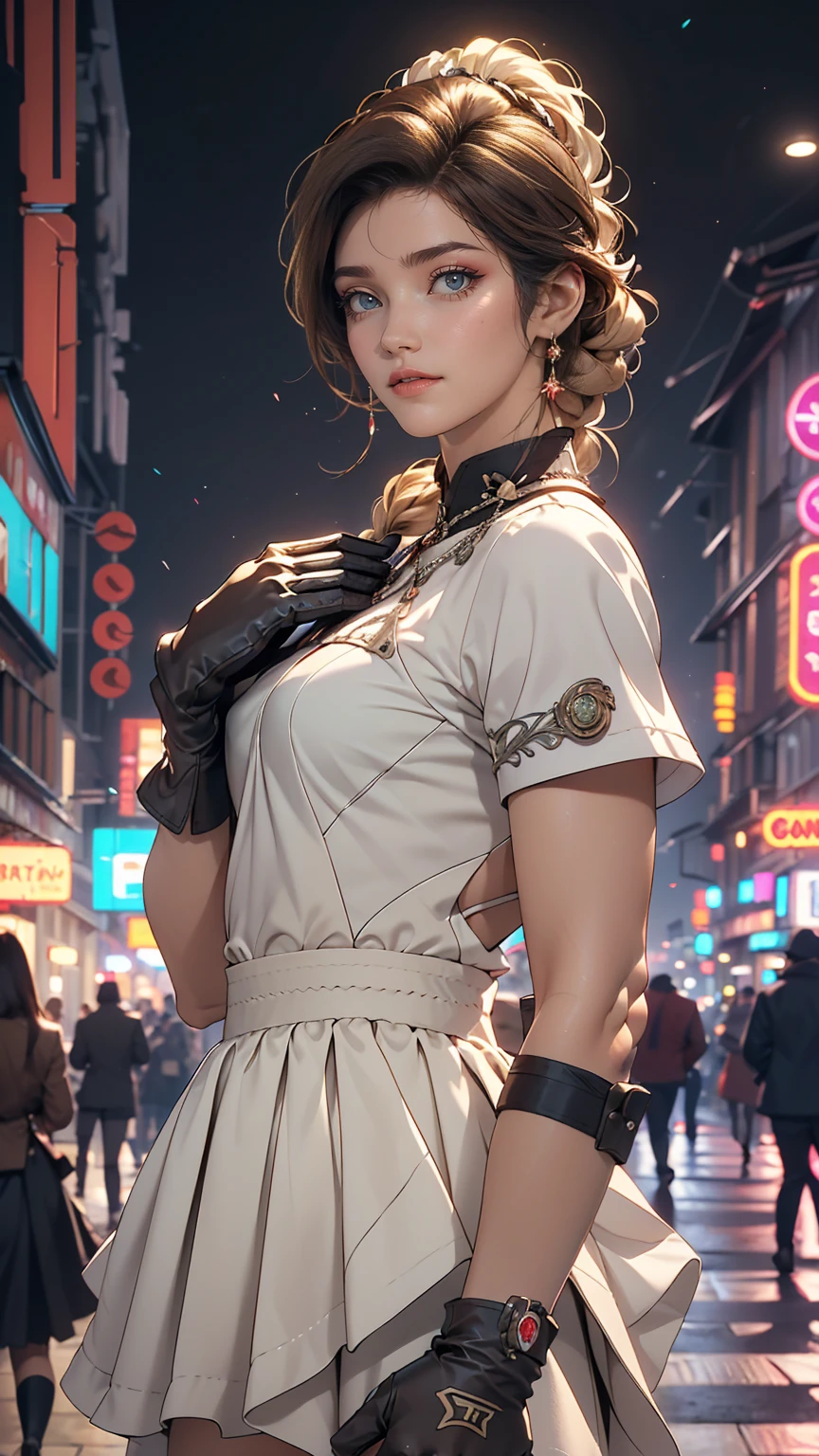 8k, masterpiece, RAW Photos, highest quality, detailed:1.2),Realistic, extremely detaileded CG unity 8k wallpaper, Lens flare, (Very beautiful face, Beautiful red lips, Beautiful Eyes), intricate detailed face, ((ultra detaileded skin)), One girl, In the Dark, Deep Shadow, pretty girl, (Slim, toned and muscular body:1.3), ((View Viewer)), (Big smile), (raced dress), (city night, (Neon Signs), (night), pantyhose, Clear Eyes, walk, Look forward, (((Big brown eyes))), ((Upper Body Shot)), dress, raced dress, Turn back, Buckshot, Very slim, Defamation, ((white braid hair over shoulder)), (((white: Money: skirt dress: gloves race)))))), 3D, Rich colors, (Black makeup:1.3), (race stockings with garters, cord trim, race), (Intricate detaileded multi-layer bodysiut lacy race-upp), neckrace, bracelet