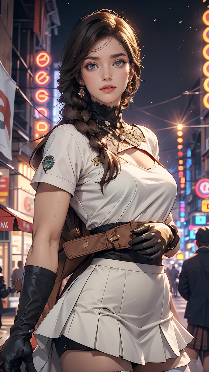 8k, masterpiece, RAW Photos, highest quality, detailed:1.2),Realistic, extremely detaileded CG unity 8k wallpaper, Lens flare, (Very beautiful face, Beautiful red lips, Beautiful Eyes), intricate detailed face, ((ultra detaileded skin)), One girl, In the Dark, Deep Shadow, pretty girl, (Slim, toned and muscular body:1.3), ((View Viewer)), (Big smile), (raced dress), (city night, (Neon Signs), (night), pantyhose, Clear Eyes, walk, Look forward, (((Big brown eyes))), ((Upper Body Shot)), dress, raced dress, Turn back, Buckshot, Very slim, Defamation, ((white braid hair over shoulder)), (((white: Money: skirt dress: gloves race)))))), 3D, Rich colors, (Black makeup:1.3), (race stockings with garters, cord trim, race), (Intricate detaileded multi-layer bodysiut lacy race-upp), neckrace, bracelet