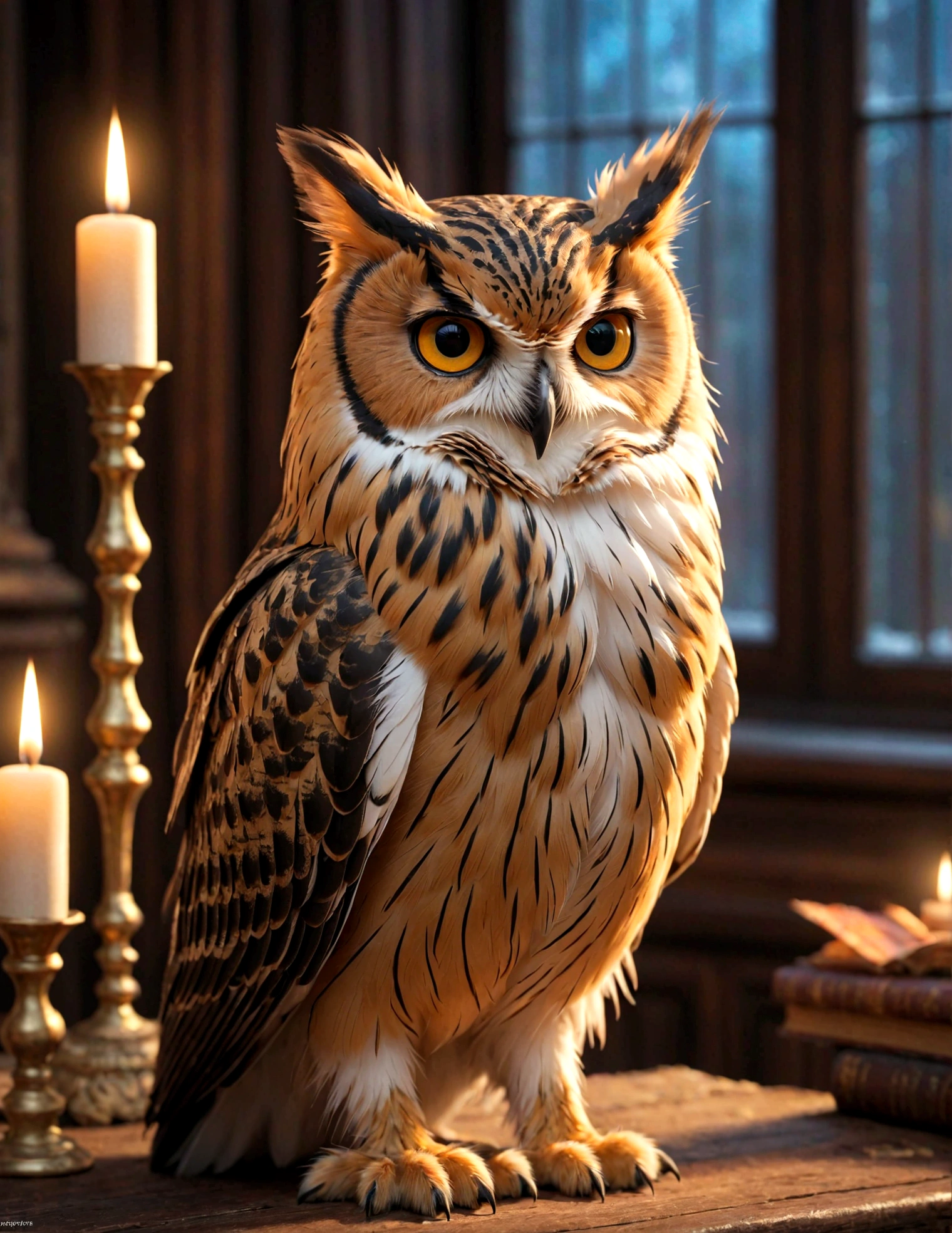 portrait of Accomplishment Virtual Reality Owl a glare of contempt, wearing Gold, sensual siren attire, in melancholy tune from a distant piano terrifying battlefield shrouded in fog, suffocating darkness, lingering fog, menacing growl enchanted rose
