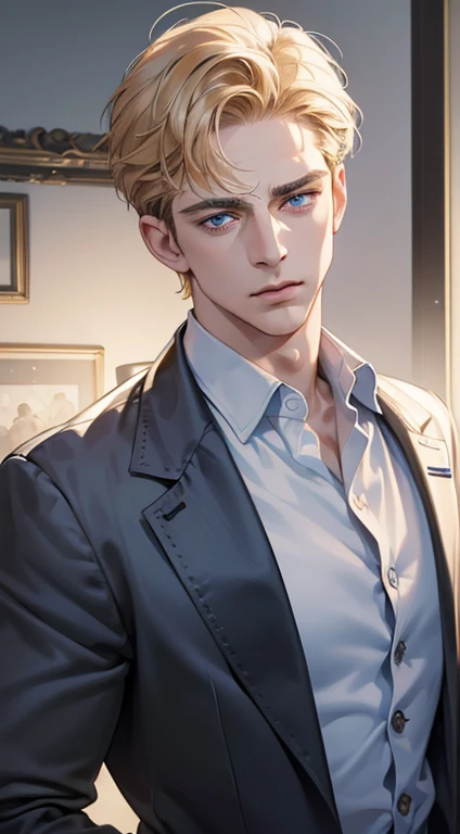 (best quality, masterpiece, 8K, photorealistic, cinematic lighting, 1:4 hdr image, ultra detailed, beautiful image), a mature man, 34 years very handsome, ((cold expression)), short golden hair, blue eyes, face perfect without mistakes, ((buttoning his jacket, CEO))