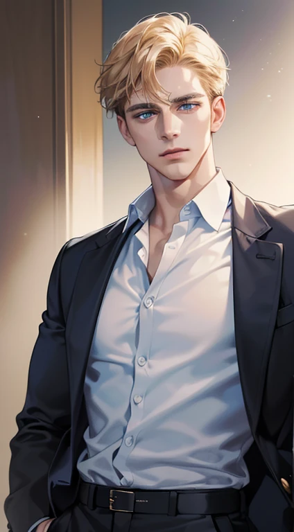 (best quality, masterpiece, 8K, photorealistic, cinematic lighting, 1:4 hdr image, ultra detailed, beautiful image), a mature man, 34 years very handsome, ((cold expression)), short golden hair, blue eyes, face perfect without mistakes, ((buttoning his jacket, CEO))