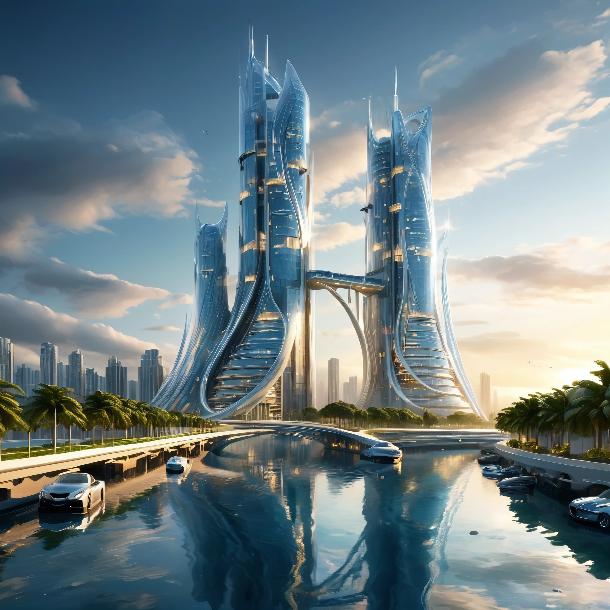 Create a detailed image of a futuristic twin tower skyscraper with a unique twisted design. The building is made of reflective glass panels and appears to intertwine as it rises. It is set on a waterfront with a vast, shimmering ocean in the background. The sky is clear with a soft gradient from blue to white near the horizon. Surrounding the building are modern structures, greenery, and a road with modern high end sports cars. The overall setting is modern and serene, reflecting a high-tech urban environment. The ocean has a beautiful futuristic port with magnificent ships. Ultra realistic photo, vibrant colors, 16k