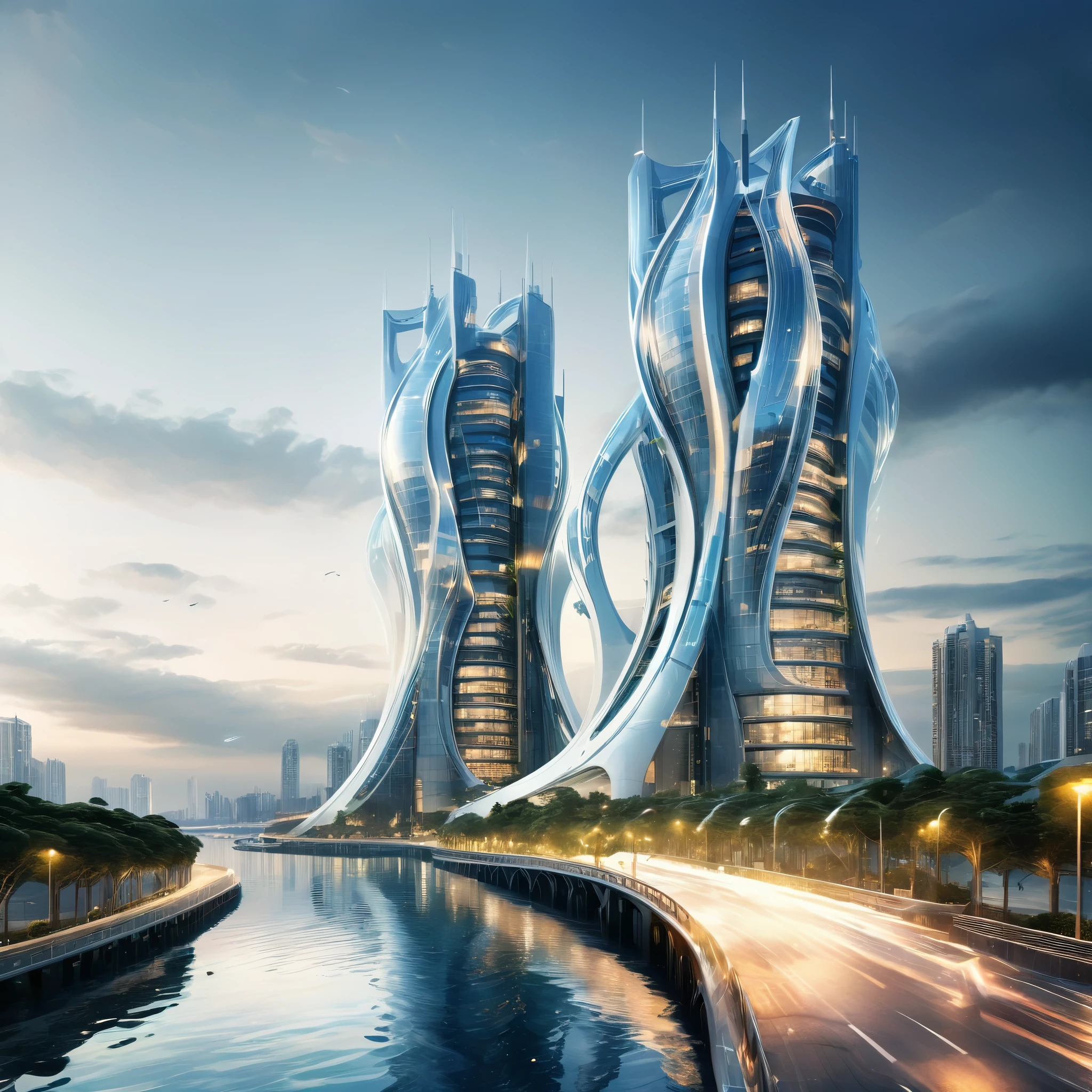 Create a detailed image of a futuristic twin tower skyscraper with a unique twisted design. The building is made of reflective glass panels and appears to intertwine as it rises. It is set on a waterfront with a vast, shimmering ocean in the background. The sky is clear with a soft gradient from blue to white near the horizon. Surrounding the building are modern structures, greenery, and a road with modern high end sports cars. The overall setting is modern and serene, reflecting a high-tech urban environment. The ocean has a beautiful futuristic port with magnificent ships. Ultra realistic photo, vibrant colors, 16k