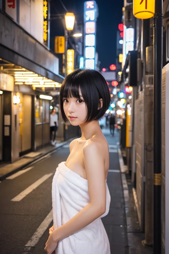 (High resolution:1.3), (16k, Photorealistic, Raw photo, Best image quality: 1.4), Japanese, (One Girl), Beautiful Face, (A vivid face), (Black-haired、short hair:1.3、bangs:1.2), Beautiful Hairstyles, Realistic eyes, Beautifully detailed eyes, (Realistic Skin), Beautiful skins, attractive, 超A high resolution, Surreal, High detail, Golden Ratio, Highly detailed cute girl,(20-year-old), White oversized towel dress, Strapless, Tokyo Street,night, Streetscape,City lights