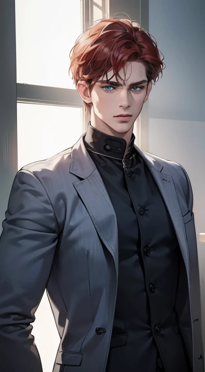 (best quality, masterpiece, 8K, photorealistic, cinematic lighting, 1:4 hdr image, ultra detailed, beautiful image), a mature man, 34 years very handsome, ((cold expression)), short red hair, blue eyes, face perfect without mistakes, ((buttoning his jacket, CEO))