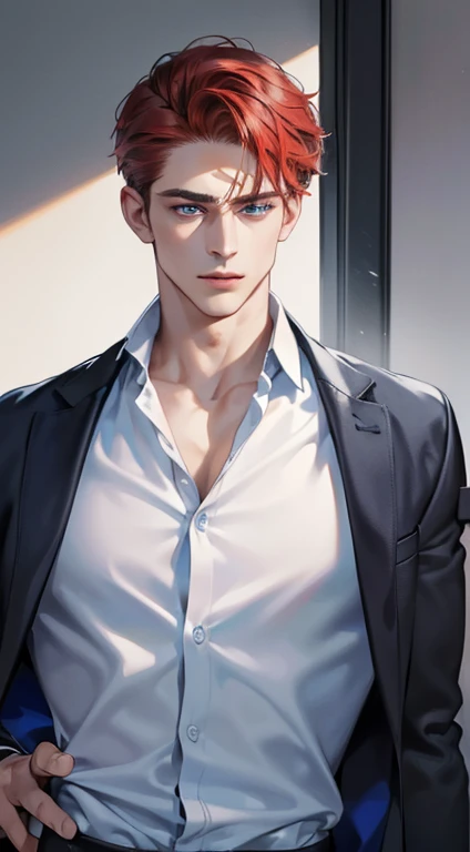(best quality, masterpiece, 8K, photorealistic, cinematic lighting, 1:4 hdr image, ultra detailed, beautiful image), a mature man, 34 years very handsome, ((cold expression)), short red hair, blue eyes, face perfect without mistakes, ((buttoning his jacket, CEO))