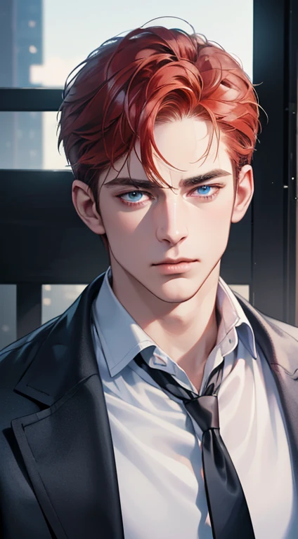 (best quality, masterpiece, 8K, photorealistic, cinematic lighting, 1:4 hdr image, ultra detailed, beautiful image), a mature man, 34 years very handsome, ((cold expression)), short red hair, blue eyes, face perfect without mistakes, ((buttoning his jacket, CEO))
