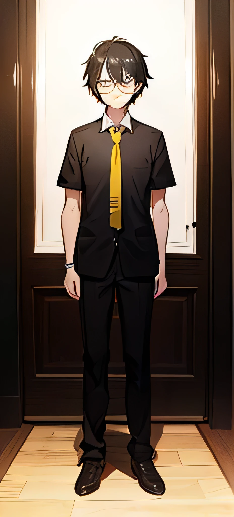 masterpiece, best qaulity, a young boy, black hair, yellow eyes, glasses, white t-shirt with tie, no background, full body