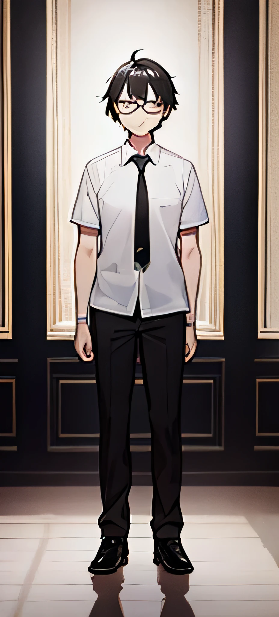 masterpiece, best qaulity, a young boy, black hair, yellow eyes, glasses, white t-shirt with tie, no background, full body