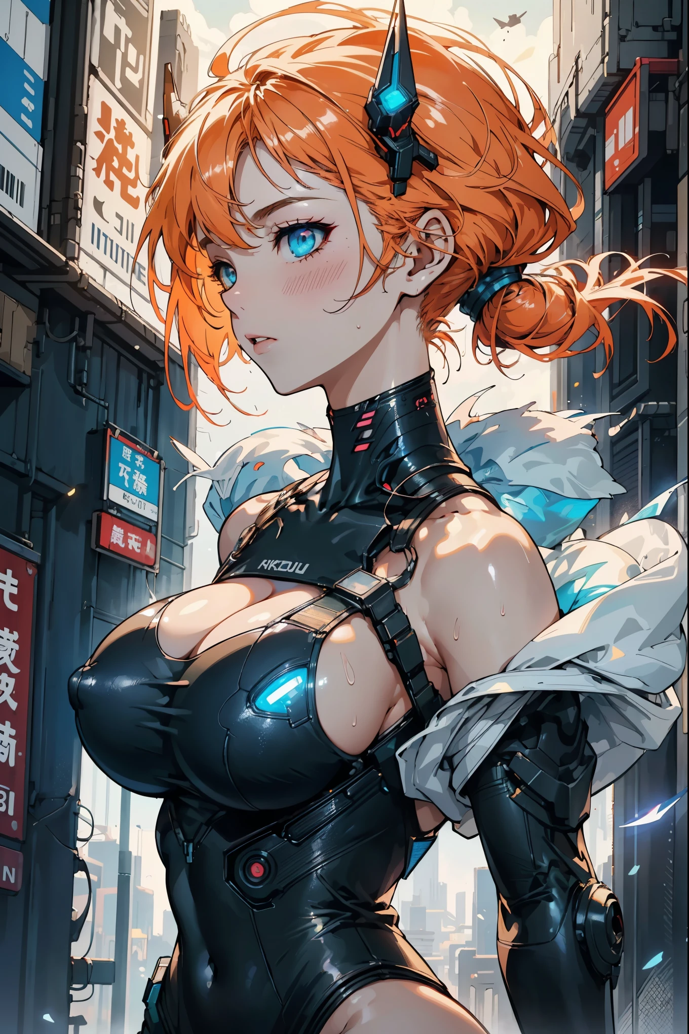 (best quality, masterpiece, high resolution:1.2), Detailed, painting, 4k wallpaper, (Simple background:1.1), girl, Solitary, (side view:1.2), portrait, close up, Detailed脸部, delicate eyes, puffy lips, Open your mouth,cosmetic,
Female biomechanical digital, Biomechanical components, Small Breasts, nipple, blush, Asymmetrical hairstyle,sunset orange hair, Cyberpunk Art and (Holographic Minimalist Art:0.5), Inspired by Marek Okon, Cracked futuristic blue lens, neon, cloud, dust cloud, steam, Sweat, Luminescence, Lovely, , Skinny, hot, Horny, National Foundation, Uncensored, dry brush, Stroke, Oil on canvas, Inspired by Cyberpunk 2077、Ghost in the Shell、Akira and Blade Runner, Vibrant colors, High contrast,huge , Crazy breast swelling, Chest larger than shoulder blades, Big breasts and thin waist,(huge breasts:1.2),Hydrated skin((rogue))((非常huge乳房)),((Grooves reveal original skin))