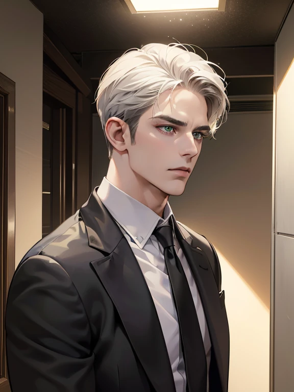 (best quality, masterpiece, 8K, photorealistic, cinematic lighting, hdr image, ultra detailed, beautiful image), 1 man, 31 years old, mature man, very handsome, (without expression, serious), short white hair, green eyes ( penetrating gaze), imposing posture, businessman, office background