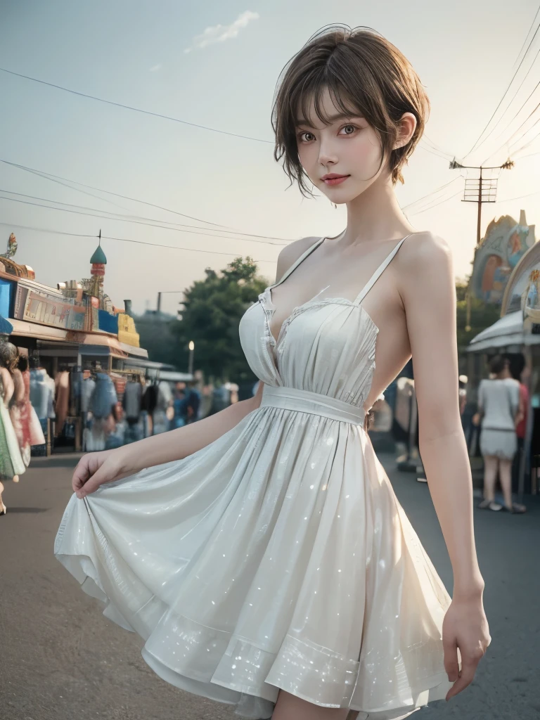 highest quality, Realistic:1.5, One girl, smile, Ultra high definition, (Skin dents), (Beautiful breasts:1.2), (Blur the background:0.6), Crowded (At the amusement park), Summer outfit, (Casual yet stylish, Elegant fabric, dress:1.5 ), nice, (short hair:1.5), Soft lighting, Wind, (Front light:1.5), surprised, Physically Based Octane Rendering, masterpiece, 