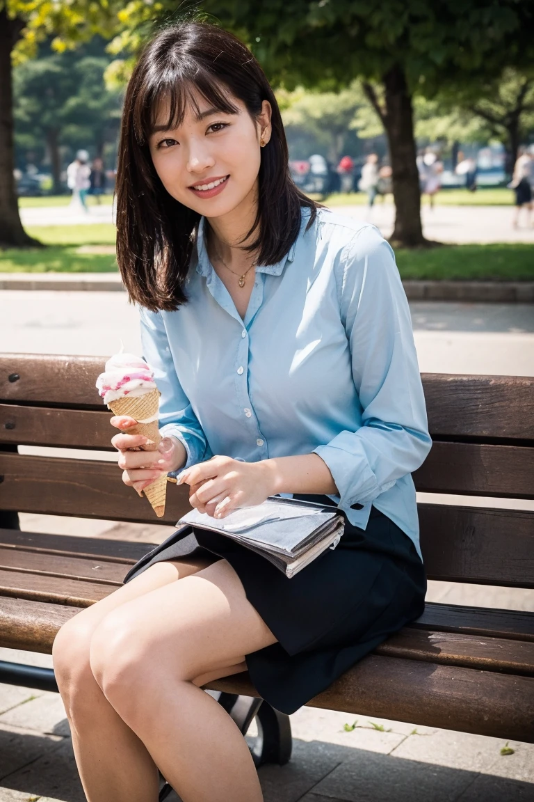 highest quality, Flying debris, Realistic, High resolution, 8k RAW Photos,alone, One Girl, 30 years old、Eating soft serve ice cream、smile、blouse、skirt、High heels、Holding soft-serve ice cream in both hands、On a park bench