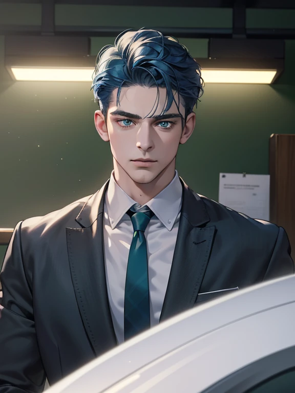 (best quality, masterpiece, 8K, photorealistic, cinematic lighting, hdr image, ultra detailed, beautiful image), 1 man, 31 years old, mature man, very handsome, (without expression, serious), short blue hair, green eyes ( penetrating gaze), imposing posture, businessman, office background