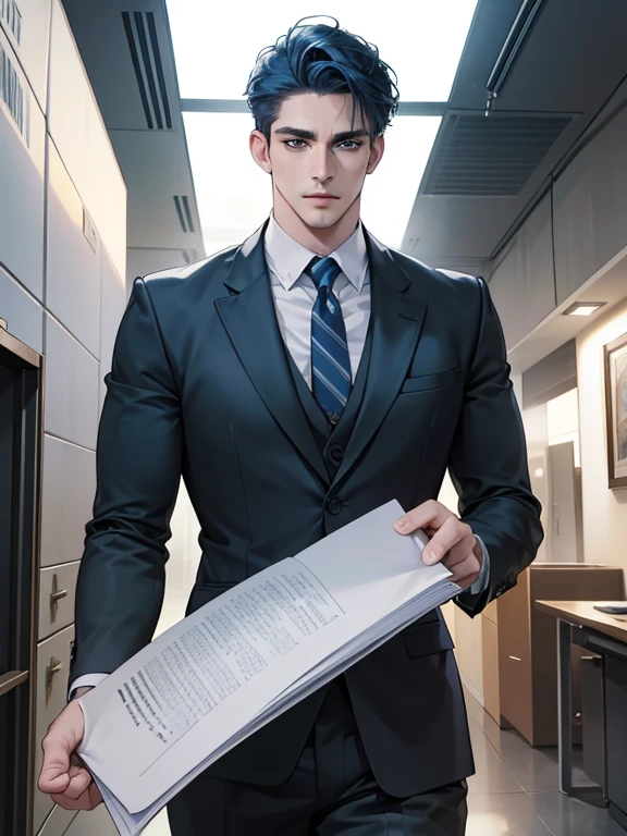 (best quality, masterpiece, 8K, photorealistic, cinematic lighting, hdr image, ultra detailed, beautiful image), 1 man, 31 years old, mature man, very handsome, (without expression, serious), short blue hair, green eyes ( penetrating gaze), imposing posture, businessman, office background