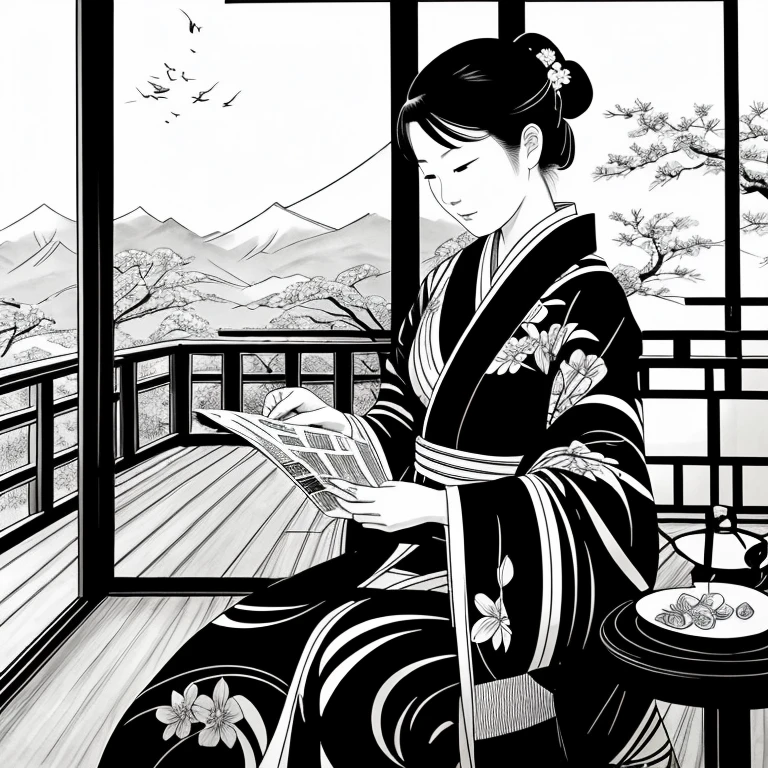 A woman in a kimono is reading a newspaper on the veranda、Japanese women、Sumi-e style、Ink Painting、優雅なJapanese women、(((Black and White:1.4)))、draw with thick lines