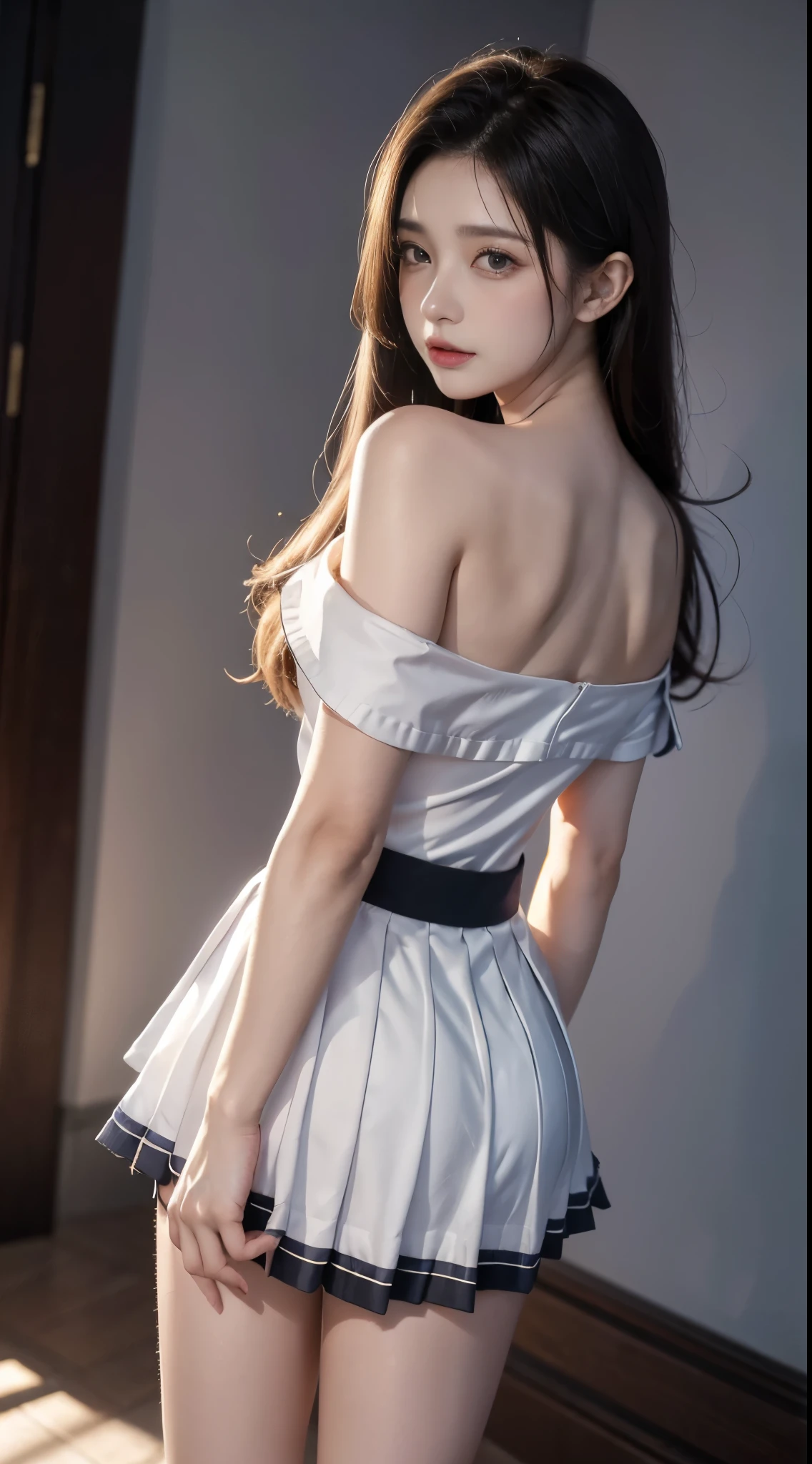 toruzu_bunko_uniform,,miniskirt,pleated skirt,white skirt, ((cowboy shot)), ((Bare shoulder)), ((Short hemlines, sexy long legs)), ((Elegant and charming posture, random view shots)), realistic detailed photo of a giant breasted girl with exposed shoulders, detailed fingers, high quality skin, red eyes, alone in a winter scene with clouds, wind, and flowing hair, (best quality,4k,8k,highres,masterpiece:1.2),ultra-detailed,(realistic,photorealistic,photo-realistic:1.37),studio lighting,vivid colors