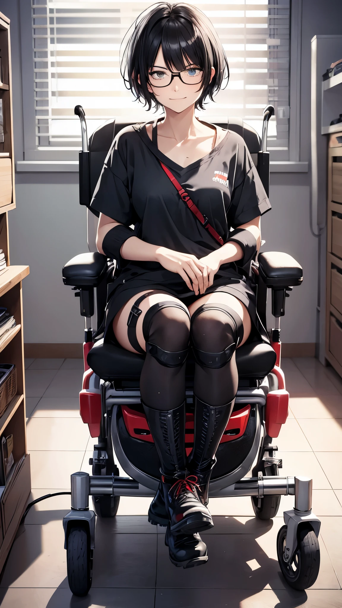 (Very detailed, Realistic), Hospital scene, [Moderate:Oil], [Professional:1.1], [Physically Based Rendering], [Bright colors], [Sharp focus], [Studio Lighting], [Extreme Detail], [highest quality,4K,8k,High resolution,masterpiece:1.2],(whole body),Inside the house,Inside the room,18-year-old girl,((Ride an electric wheelchair1.8)),((Operate a power wheelchair1.8)),((knee pads,Army Boots)),((covering one eye,Ragged short black hair,messy hair)),((she’s wearing glasses)),((despressed,despair,anxiety)),(Subservient laughter),((grin)),((bad mood)),((bad mood)),[Nervous eyes],(Casual women&#39;s fashion,dress),((Ride an electric wheelchair1.8)),((Operate a power wheelchair1.8))