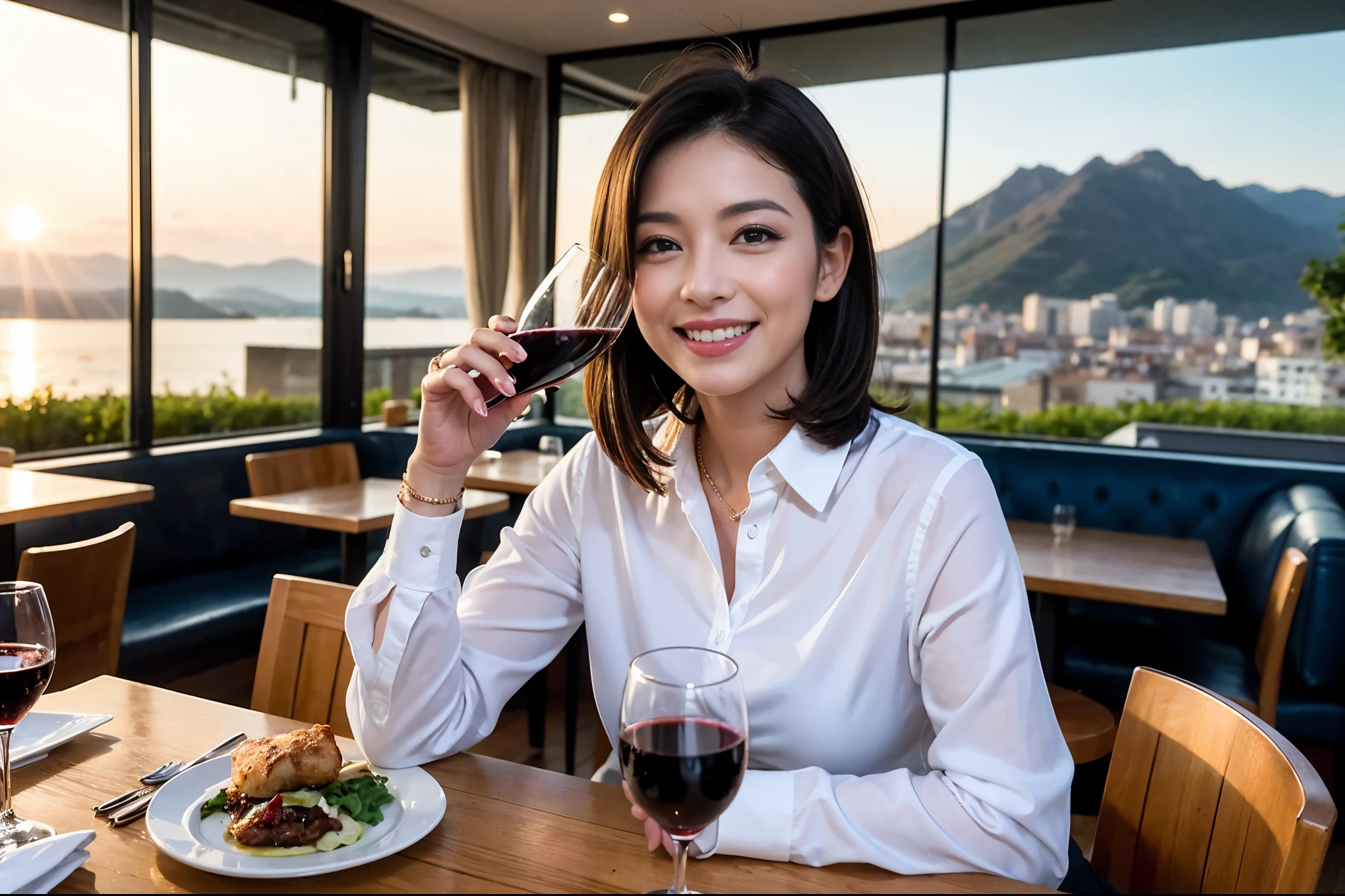 ((highest quality、8k、masterpiece:1.3))、1 male 1 female、spouse、Beautiful couple、smile、 (Slim face), (the body is スリム), (Brown Hair), (Shortcuts), ((Bob Hale、Straight hair:1.2)), Wine glass on the table、Please shine a light on my face、 Amazing view of the sunset sky and clouds、Amazing mountain views、The beauty of a smile、Bright image、Blushing, Shortcuts,Bright Face、 (42 years old), 39 years old, red wine 、Appetizers、Italian food、Wine bottle、Champagne、sparkling wine、Long sleeve shirt、dress、Attractive beauty、restaurant, Nova Frog Style, actress, model, Upper Body, White wine, red wine, wine glass,